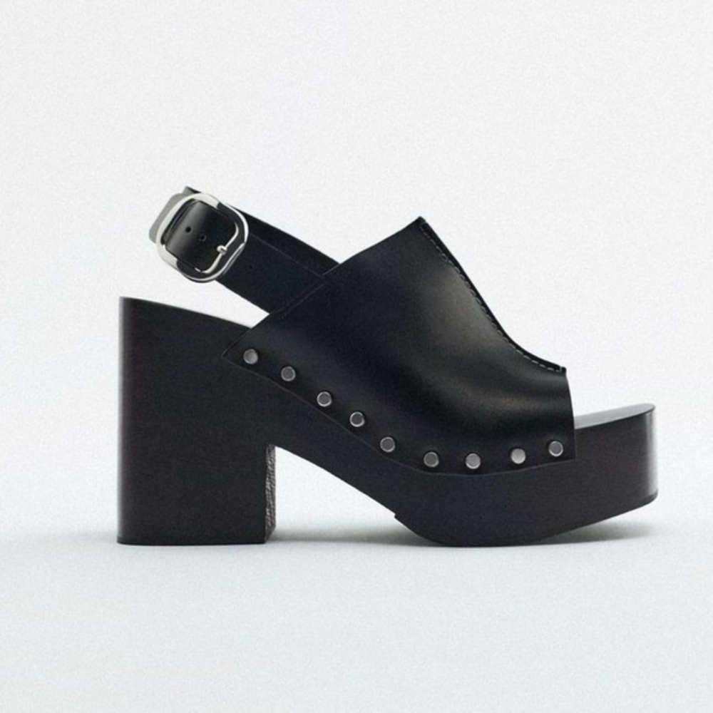 ZARA Slimg Back Leather and Wood Platform Clog - Picture 6 of 11